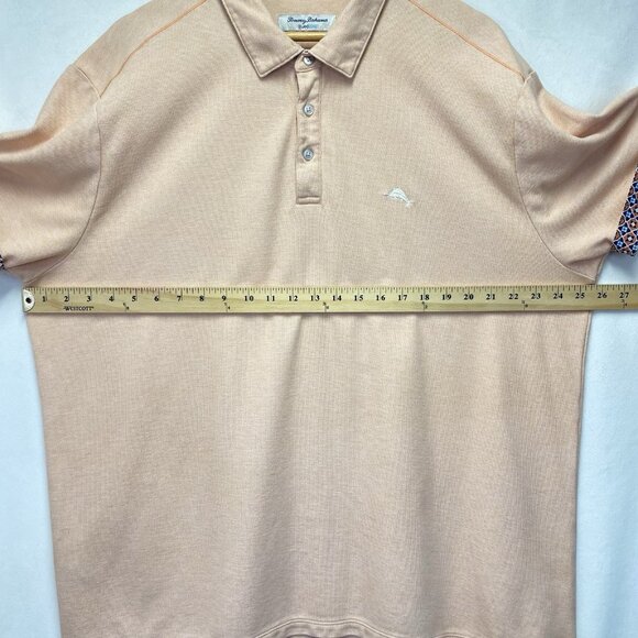 Tommy Bahama Island Zone Polo Shirt Mens XXL Salmon Patterned Collar & Cuffs - Picture 2 of 12